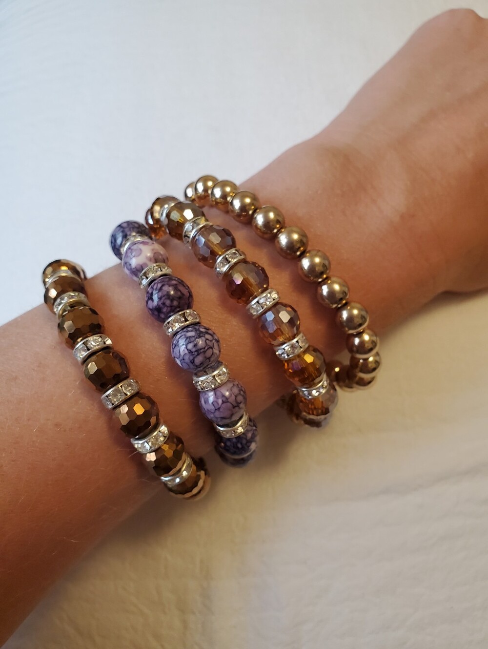 Bronze, Amber And Purple Coloured Beaded Stretch Bracelet Set